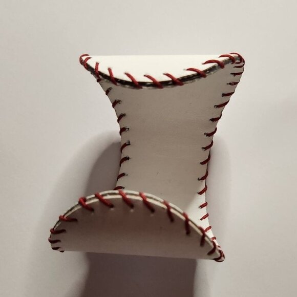 White Baseball Cuff Bracelet With "All About The Base" Metal Plate Red Stitching - Picture 3 of 5